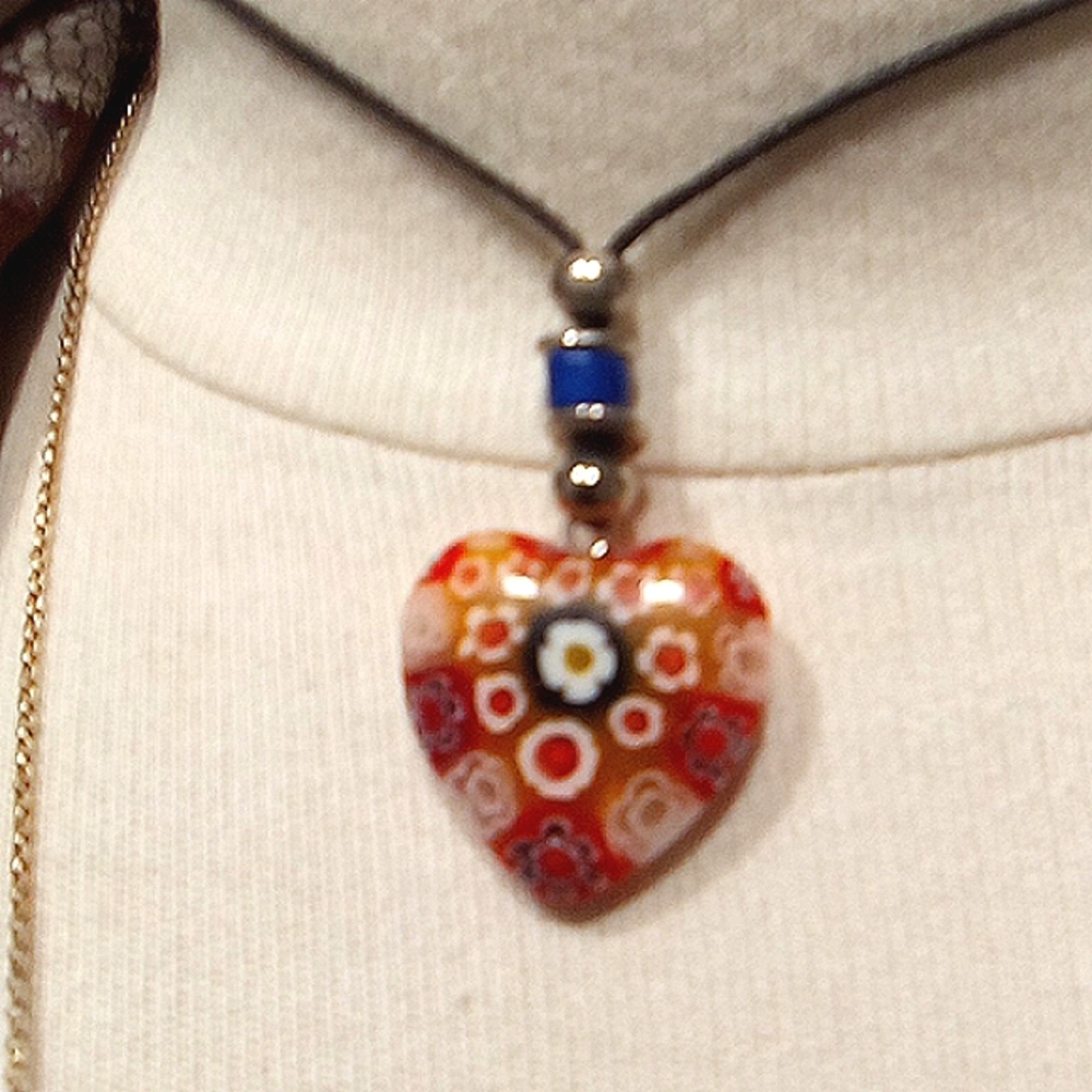 Vintage Floral Heart Glass Pendant on Slip Knot Cord - Picture 2 of 15